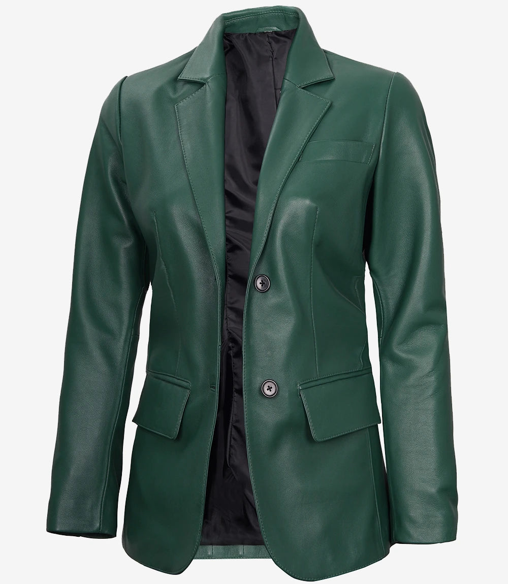 Womens Two Button Green Leather Blazer